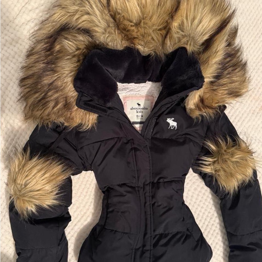 abercrombie kids Black Puffer Jacket with Faux Fur Trim